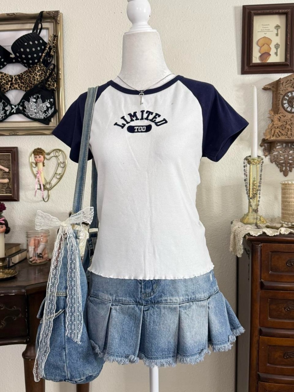 Y2k girly grunge Limited Too navy & white ringer style baby tee - Picture 2 of 6